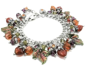 Autumn Leaves Bracelet for Fall, Colorful Carnelian Heart Gemstones, Thanksgiving Gift