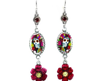 Day of the Dead Earrings, Colorful Flower Earrings, Katrina Earrings, Dancing Skeleton