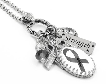 Personalized Brain Cancer Necklace, Awareness Jewelry, Gray Awareness Ribbon, Custom Name