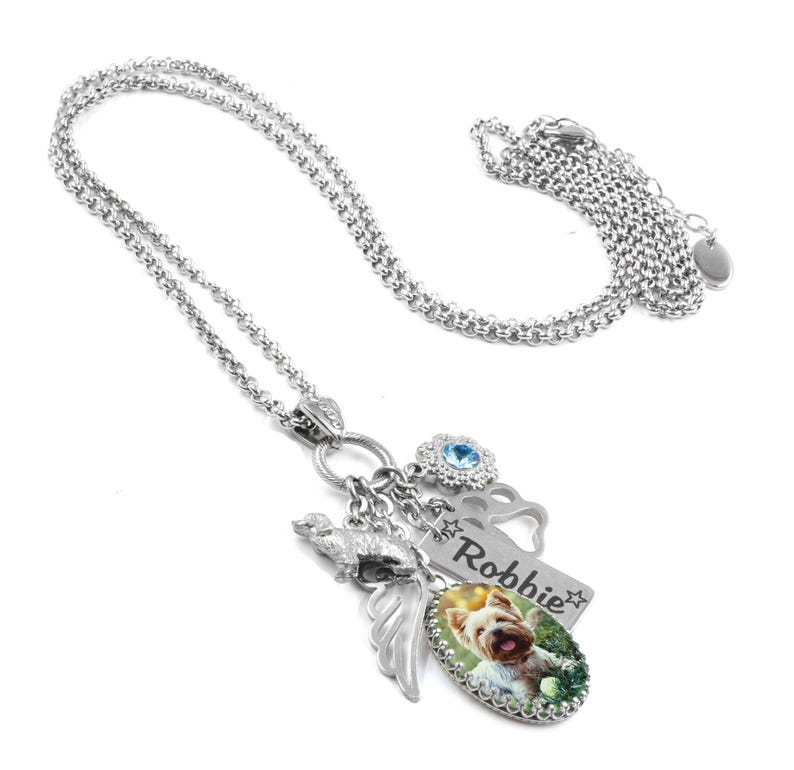 A silver necklace with various charms and a pendant featuring a dog image.