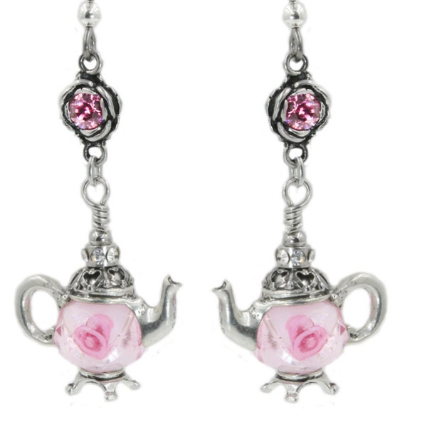 Teapot Earrings, Rose Beads with Pink Crystals, for Pierced and Non Pierced Ears