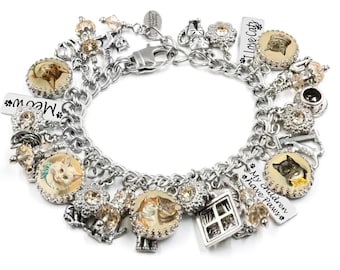 Vintage Cat Charm Bracelet  in Non Tarnish Stainless with Austrian Crystals