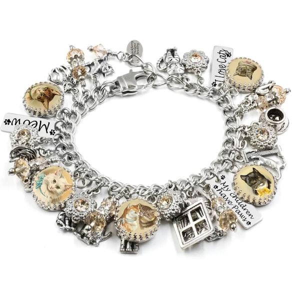 Pulsera vintage con dije de gato en acero inoxidable resistente al deslustre y cristales austriacos.