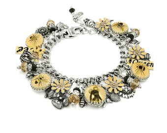 Queen Bee Charm Bracelet, Personalized Colorful Bumblebee Jewelry, Flower Charms