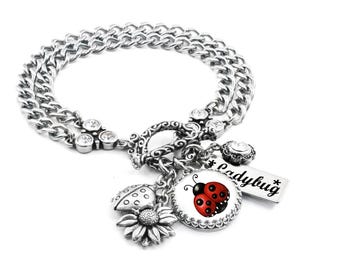Lucky Ladybug Charm Bracelet, Silver Lady bug Jewelry, with Sunflower Charm