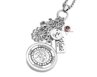 Personalized Capricorn Necklace, Horoscope Birthday Gift, Engraved Name Jewelry, Authentic Gemstones