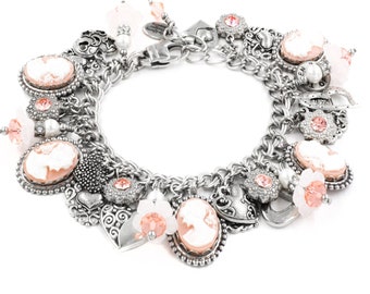 Pink Cameo Bracelet, Vintage Rose Cameo, Flowers and Pearls Jewelry