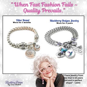The image is a collage featuring two necklaces and a portrait of an older woman with curly gray hair wearing glasses and a black top. The collage includes text that describes the necklaces as "When Fast Fashion Fails" and "Quality Prevails."