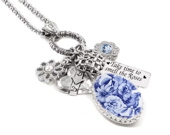 Blue Rose Necklace with Real Pearl Daisy and Heart Charms, Non Tarnish Stainless