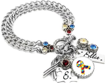 Personalized Autism Bracelet Gift, Awareness Ribbon Jewelry, Puzzle Charm, Custom Engraving