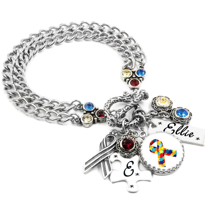 Personalized Autism Bracelet Gift, Awareness Ribbon Jewelry, Puzzle Charm, Custom Engraving image 1