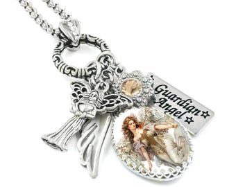 Guardian Angel Necklace, Sympathy Gift for Her, Spiritual Jewelry with Angel Charms, Remembrance Pendant, Personalized Name Gift