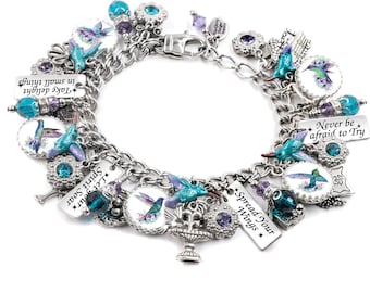 Hummingbird Bracelet Purple and Blue Flower Jewelry, Unique Gift for Bird Lover, Maximalist Style