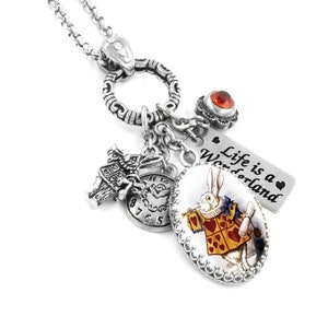 White Rabbit Necklace, Alice in Wonderland Jewelry with Clock Charm, Storybook Pendant for Her