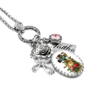 Christian Cross Necklace with Flowers, Faith Jewelry Gift for Her, Religious Pendant with Pink Crystal and Rose Charms