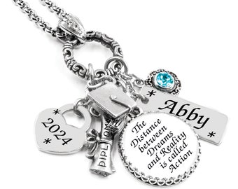 Graduation Necklace, College Graduate Gift, High School, University, Engraved Name with Birthstone 2024
