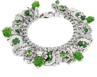 Irish Charm Bracelet, Shamrock Jewelry, Emerald Green Lucky Charms, Good Luck, Pot of Gold