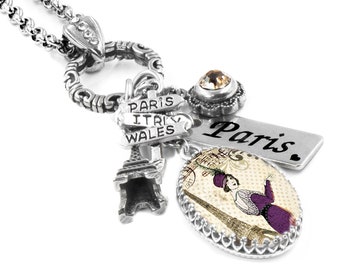 Paris Necklace, Eiffel Tower Charms, French Jewelry, Non Tarnish Stainless