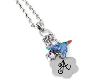 Engraved Hummingbird Charm Necklace with Monogram, Hand Painted Jewelry Non Tarnish Stainless