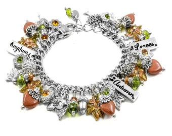 Leaf Charm Bracelet, Autumn Jewelry, Colorful Fall Enamel Leaf Charms, Petite to Plus Sizes