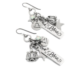 Libra Charm Earrings, Horoscope Star Sign Jewelry, Opal or Sapphire Gemstones in Non Tarnish Stainless Steel