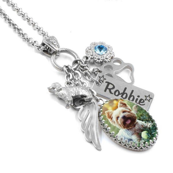 Pet Memorial Necklace, Silver Photo Charm, Personalized and Adjustable sizing