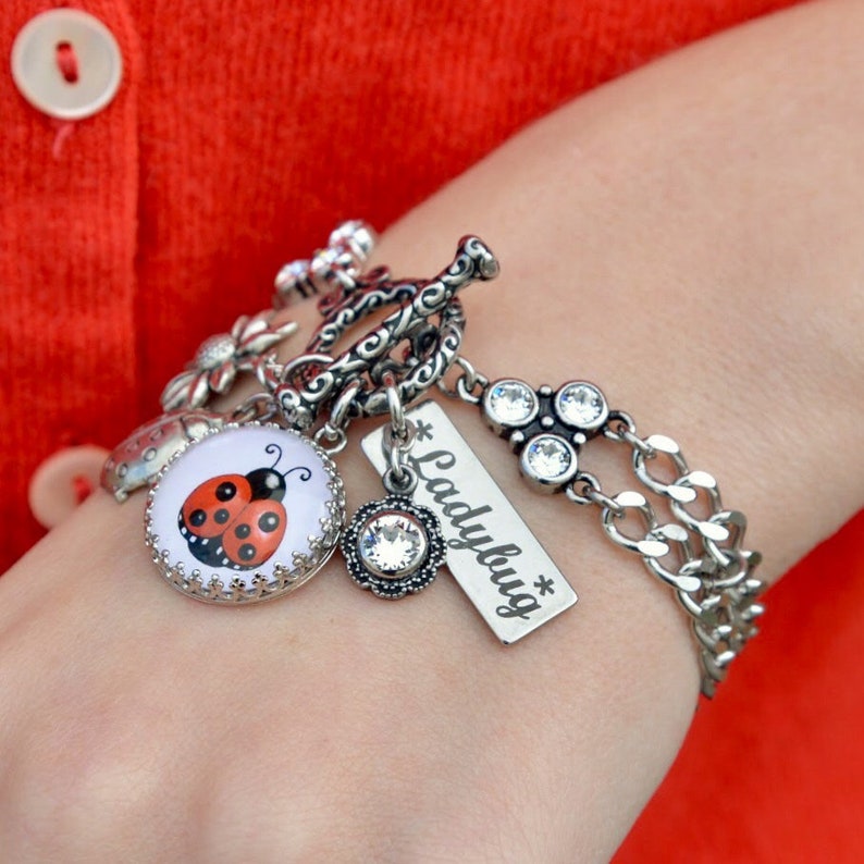 Lucky Ladybug Charm Bracelet, Silver Ladybug Jewelry, with Sunflower image 5