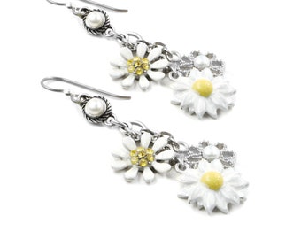 Daisy Earrings, Real Pearl Daisies Jewelry, Flower Charms, Colorful Yellow