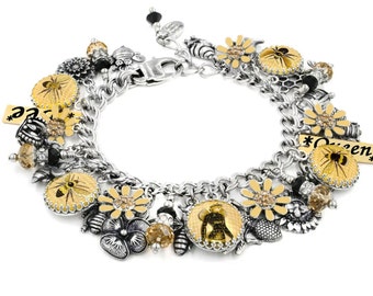 Queen Bee Charm Bracelet, Personalized Colorful Bumblebee Jewelry, Flower Charms