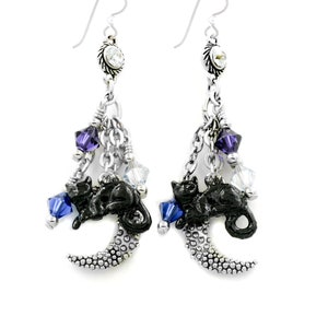 Black Cat Earrings, Crescent Moon Charms, Gothic Jewelry, Scaredy Cat Earrings