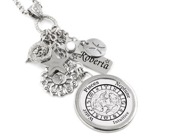 Personalized Pisces Horoscope Necklace, Zodiac Jewelry, Engraved Name, Gemstones