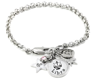 Dainty Libra Zodiac Bracelet, Personalized Horoscope Initial Jewelry, Choice of Birthstone