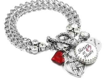 Sister in Law Silver Charm Bracelet, Sisters at Heart Jewelry, Girls Holding Hands Charm