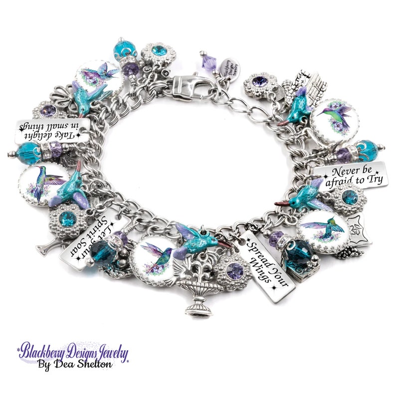 Hummingbird Bracelet Purple and Blue Flower Jewelry, Unique Gift for Bird Lover, Maximalist Style image 3