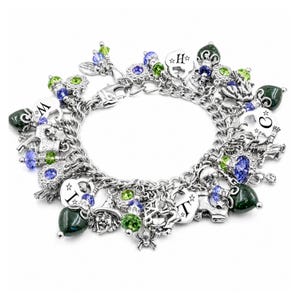May include: A silver charm bracelet featuring multiple dangling charms including heart-shaped tags with the letters W, I, T, C, H, and stars. The bracelet is adorned with green and purple faceted crystal beads, a spider, and a witch hat charm.