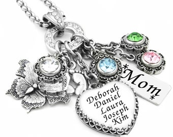 Mothers Necklace, Engraved Names, Children Heart Pendant, Mommy Jewelry with Kids Birthstones