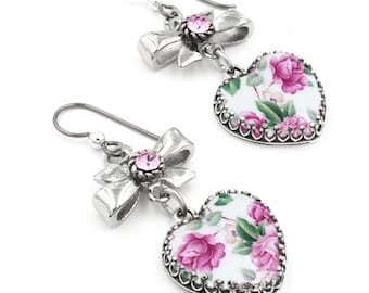 Rose Earrings with Heart Colorful Romantic Jewelry, Sterling Silver Hearts