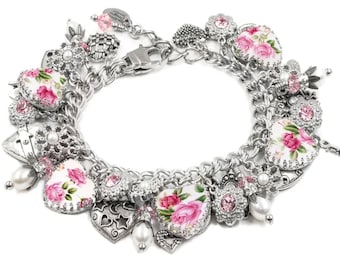 Pearl Charm Bracelet, Pink Roses Jewelry with Colorful Heart Charms