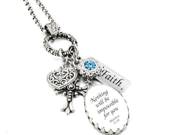 Custom Bible Verse Necklace, Faith and Cross Charm, Christian Gift in Non Tarnish Stainless Steel