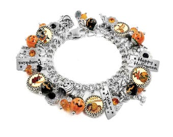 Vintage Halloween Charm Bracelet, Pumpkin, Witch & Trick or Treat