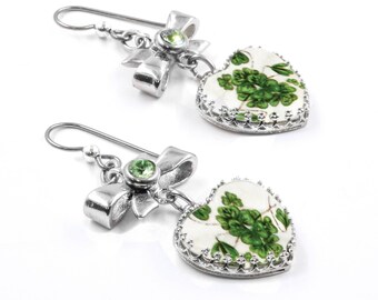 Silver Irish Earrings, Four Leaf Clovers Hearts with Colorful Emerald Green Crystals