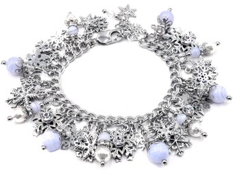 Pulsera Invierno Plata, Pulsera Copo de Nieve, Ágata Azul para Navidad, Charms Cristal y Perla