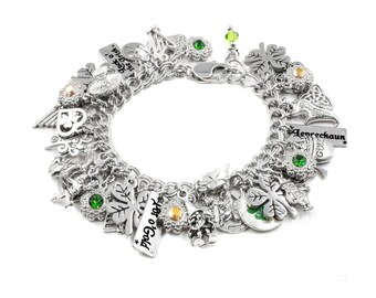 Irish Charm Bracelet, Leprechaun & Clover Charms, adjustable