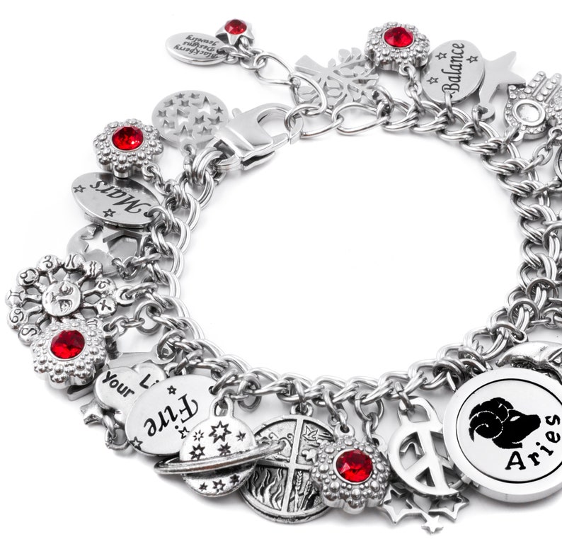 Aries Birthday Gift Choice of Astrology Sign and Crystal Color in stainless steel Zodiac Bracelet Horoscope Jewelry