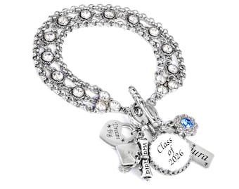 Graduation Jewelry Custom Name Bracelet Class of 2026, with Birthstone Charm