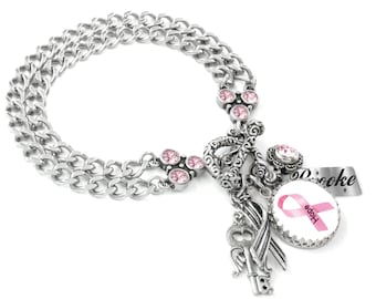 Pink Awareness Ribbon Bracelet, Personalized Breast Cancer Jewelry