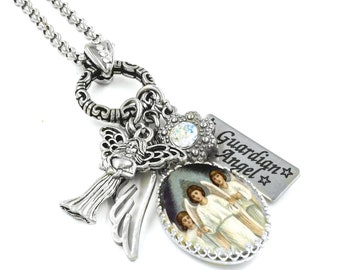 Guardian Angel Necklace, Colorful Spiritual Pendant, Engraved Charm Non Tarnish Stainless