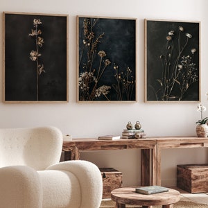 Dark Dried Wildflower Floral Botanical Illustrations, Minimalist Art Modern Farmhouse Wall Decor Floral Wall art, Flower Botanical Wall Art