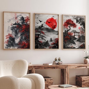 Japanese Landscape Wall Art, Red black and white Mountain Tree Canvas, Japanese inspired wall art, Mount Fuji wall art decor, Japan Art