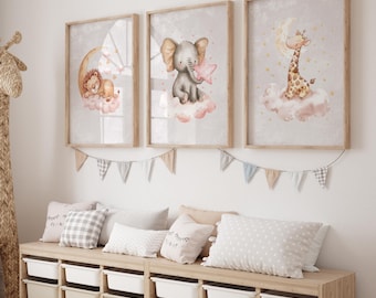Watercolor Animal Prints, Pastel Nursery Decor, Baby Girl Room, Lion, Elephant, Giraffe